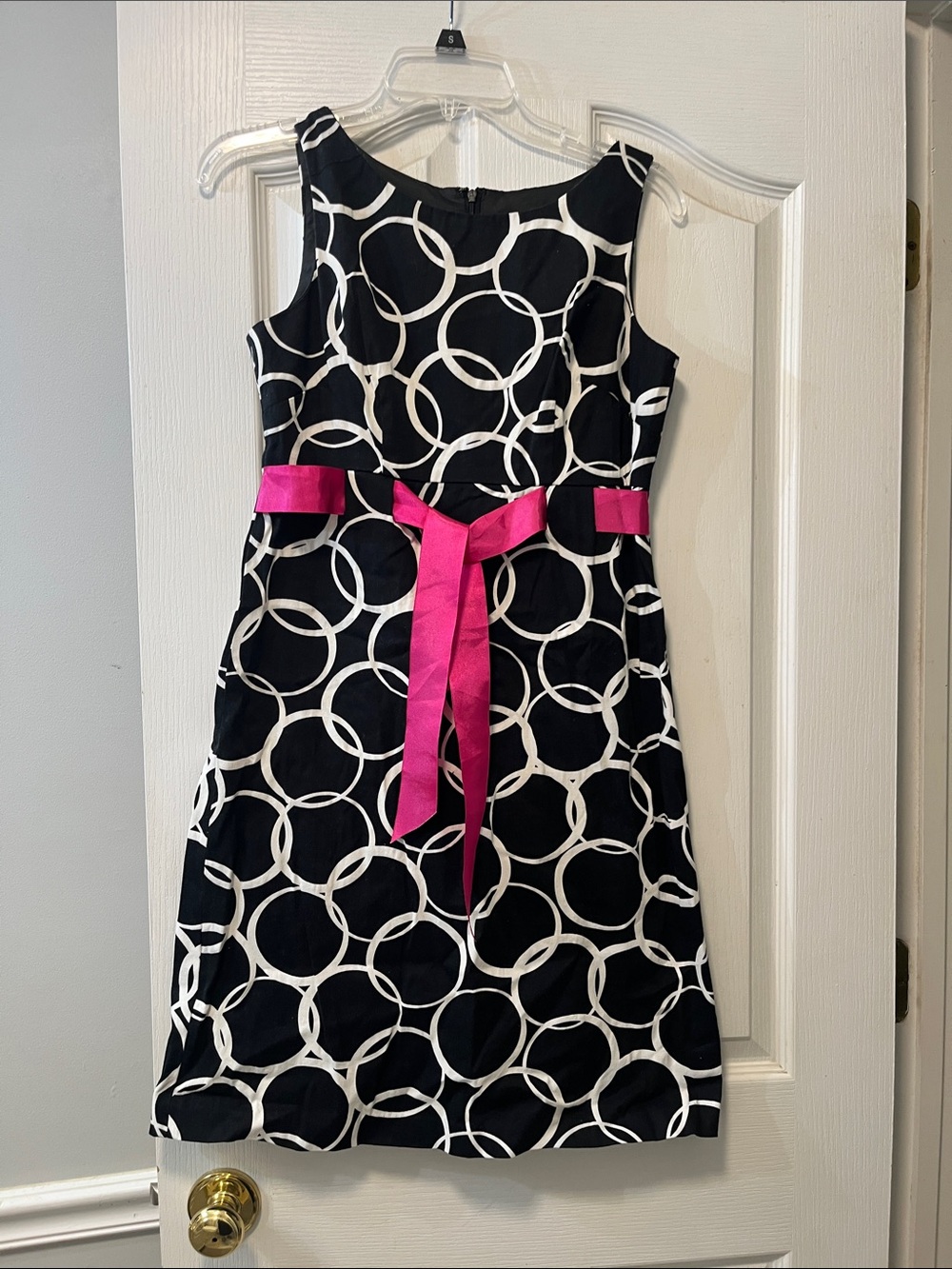 Kim Rogers Black & White Circle Print Sleeveless Dress with Pink Sash